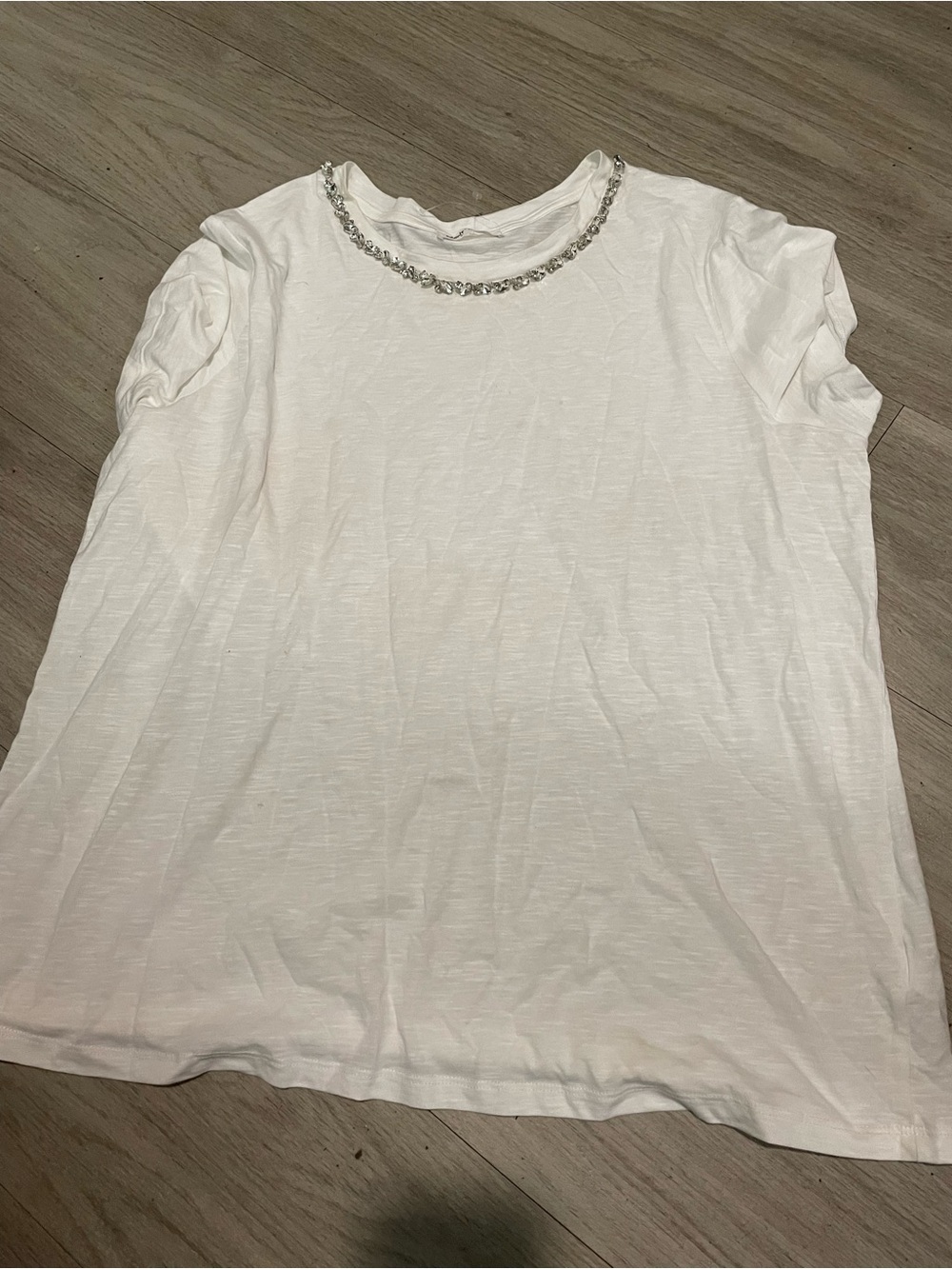 edge White Short-Sleeve Crewneck Top with Crystal Trim